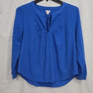 J.CREW Womens XL Blue Polka Dot Textured Tie Neck Long Sleeve 100% Cotton Blouse